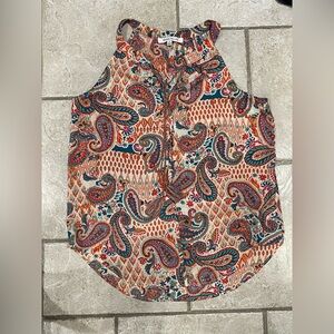 Rose & Olive Paisley Print Tassel Neck Sleeveless Top - Multicolor Small